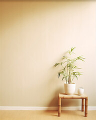 plain wall interior with empty photo frame mounted on the wall, bonsai plant in pot on the table