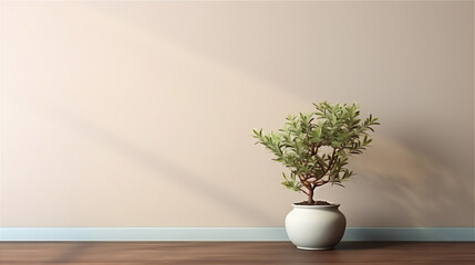 plain wall interior with empty photo frame mounted on the wall, bonsai plant in pot on the table