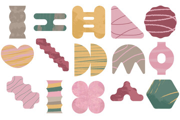 Set of textured geometric shapes. Abstract figures with brush strokes and paint effects.