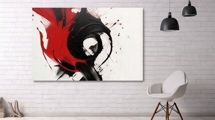  a white wall with a red and black painting on it.  generative ai
