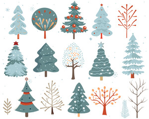 Set of winter scandi trees. Hand drawn christmas trees. Cute abstract colored trees. Trendy scandi vector plants.