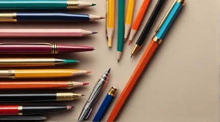 Fototapeta premium Top view of Pens and Pencils against textured background with space for text, background image, AI generated