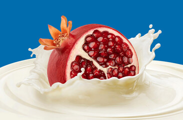 Pomegranate falling into milk splash isolated on color background
