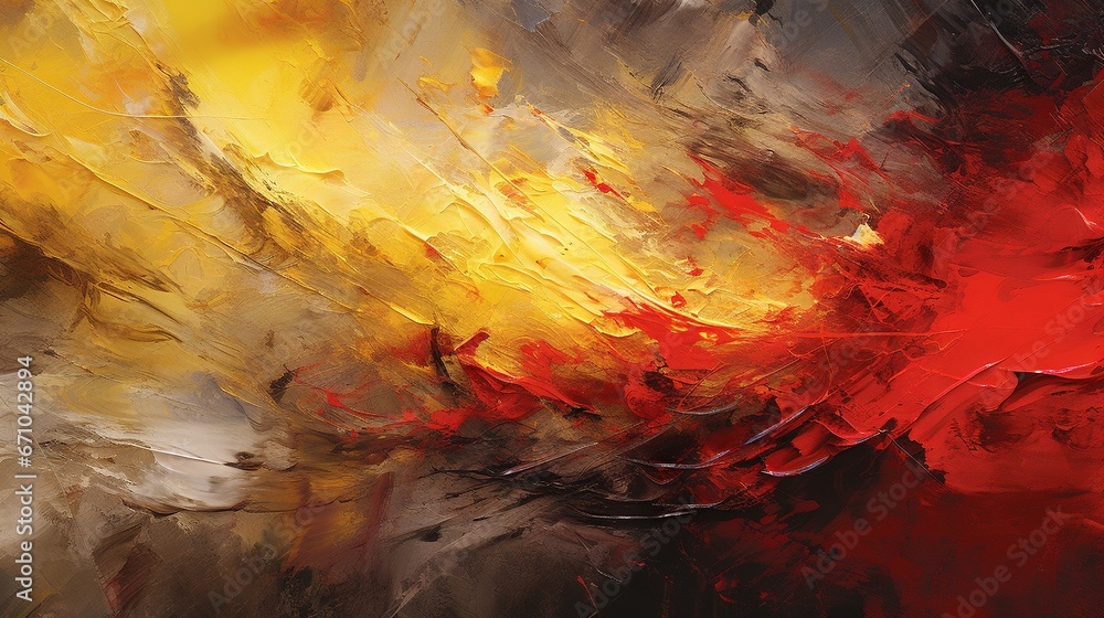 Poster an abstract painting of a red and yellow color with a black background. generative ai