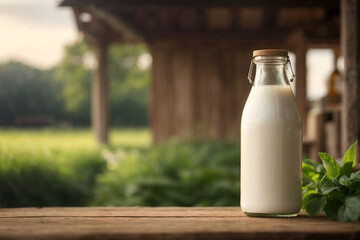 mockup milk bottle on farm background, glass bottle, for advertising - obrazy, fototapety, plakaty