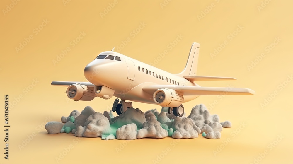 Poster a model of an airplane is on a yellow background with rocks. generative ai