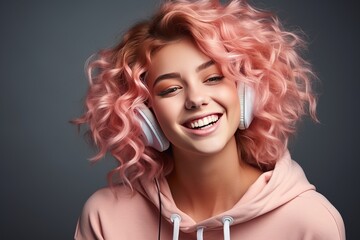 Close-up portrait of happy teenage Caucasian girl with pink hair wearing headphones. Pretty girl in a hoodie with charming smile listening to music, having fun, relaxing. Isolated on grey background.