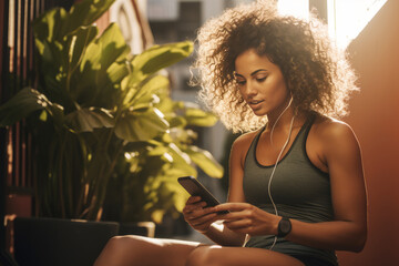 Young athletic Hispanic woman in sportswear with smartphone while training outdoor. Slender swarthy girl resting after jogging or workout in city street. Active lifestyle in urban environment.