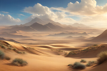 desert landscape with clouds blue sky mountains wind sand and road in wide angle view and animation style - obrazy, fototapety, plakaty