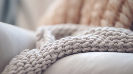 A close up of a knitted blanket on a couch, AI