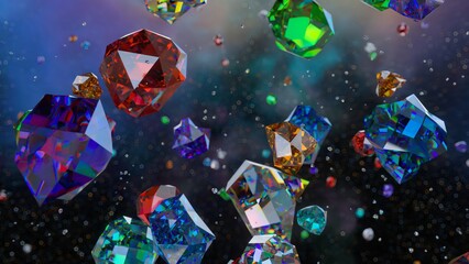 A mesmerizing array of floating multicolored gemstones illuminates against a dark, bokeh-filled...