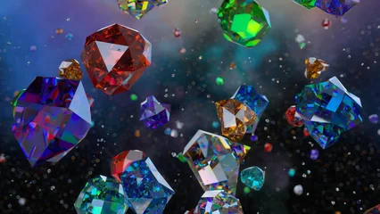 Fototapeten A mesmerizing array of floating multicolored gemstones illuminates against a dark, bokeh-filled background, each crystal reflecting and refracting a spectrum of vivid colors. 3d illustration © flashmovie