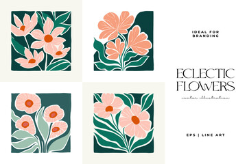 Floral abstract elements. Botanical composition. Modern trendy Matisse minimal style. Floral poster, invite. Vector arrangements for greeting card or invitation design