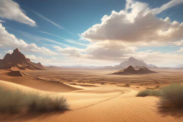 Fototapeta na wymiar desert landscape with clouds blue sky mountains wind sand and road in wide angle view and animation style