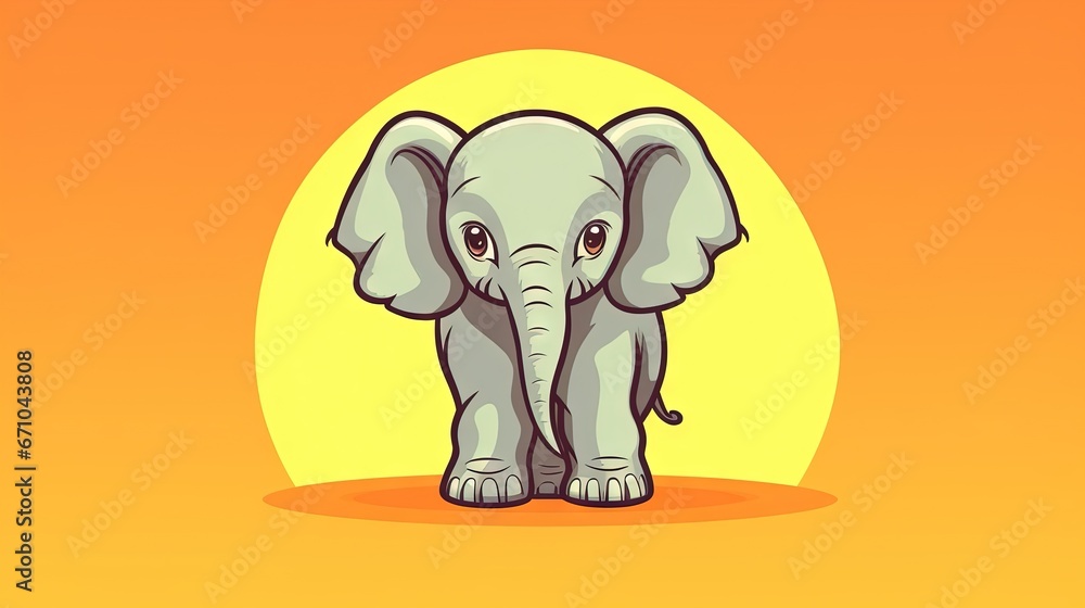 Poster a small elephant standing in front of a yellow background with the sun in the background. generative