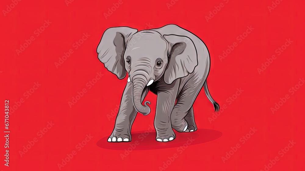 Poster an elephant standing on a red background with its trunk in the air. generative ai