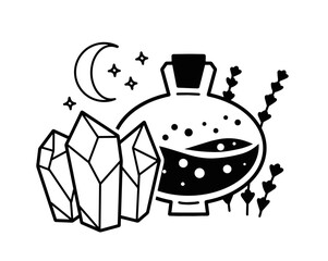 Magic bottle. Esoteric alchemy and glass elixir poison. Mystery chemistry drink. Fantasy cartoon magical mystic mixture, Vintage decorative element