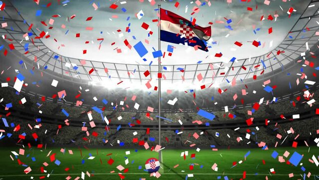 Animation of colorful confetti falling over waving croatia flag against sport stadium