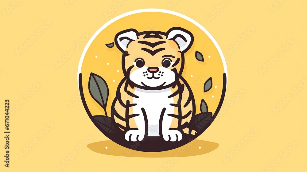 Poster a small tiger sitting in a circle with leaves on it. generative ai