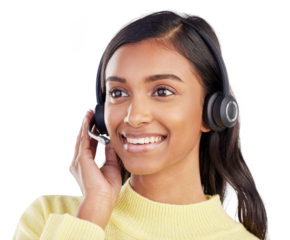 Call center, woman and face of consultant for customer service, contact us or isolated on transparent png background. Happy indian female telemarketing agent thinking of advice, help or CRM questions