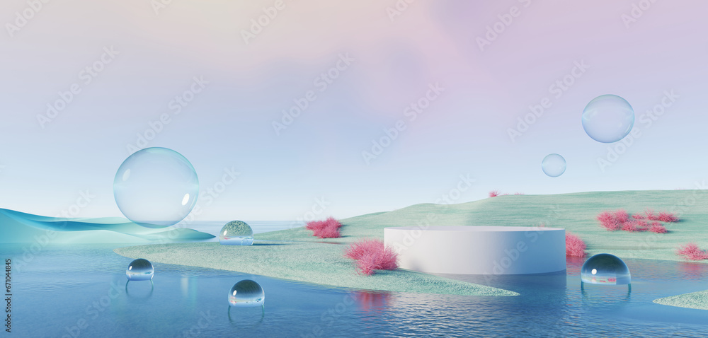 Wall mural 3d render, abstract surreal pastel landscape background with arches and podium for showing product, 
