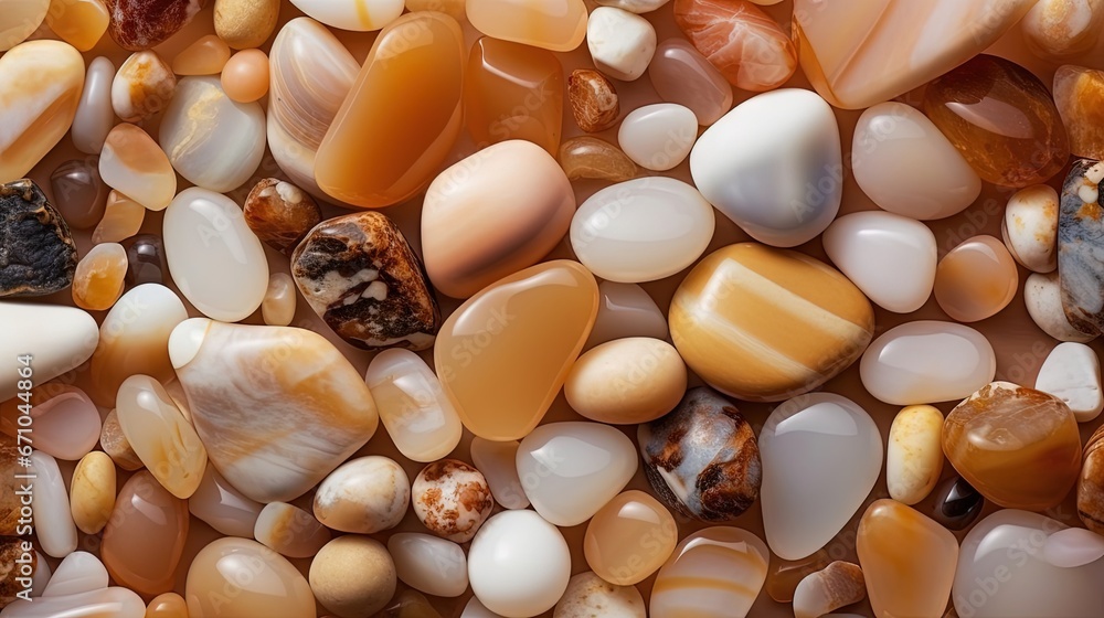 Poster a close up of a bunch of rocks and stones on a table. generative ai