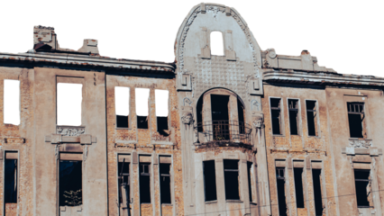 Ruined walls and windows old architecture photo. Old brick destroyed building