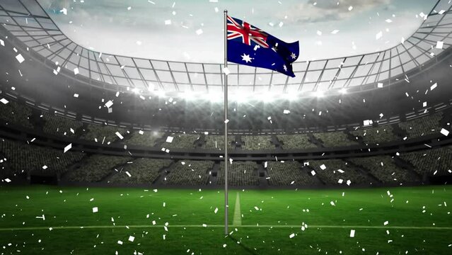 Animation of confetti falling over waving australia flag against sport stadium