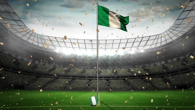 Animation of golden confetti falling over waving nigeria flag against sport stadium