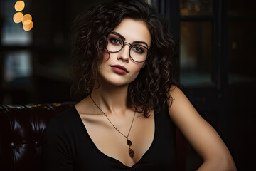 A woman wearing glasses and black top