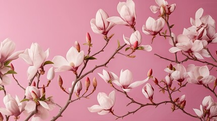  a branch of a flowering tree with pink flowers on a pink background.  generative ai