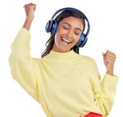 Indian woman, headphones and dance to music isolated on transparent png background for freedom. Face, happy female model and listening to radio, audio song or sound with energy, singing and excited