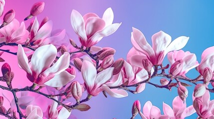  a branch with pink and white flowers on a blue and pink background.  generative ai