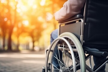Closeup Of Disabled Person Riding Wheelchair In Park