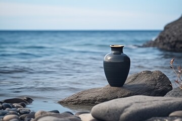 Cremation Urn On Rocky Beach. Сoncept Candlelight Vigil, Seashell Collecting, Solace In Nature, Remembering Loved Ones - obrazy, fototapety, plakaty