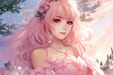 Anime girl illustration dressed in a pink dress