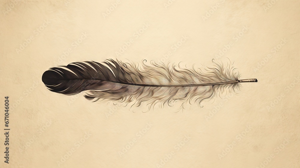 Poster a drawing of a feather on a beige background with a black tip. generative ai