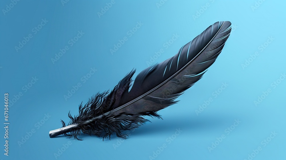 Poster a black feather resting on a blue background with a shadow. generative ai