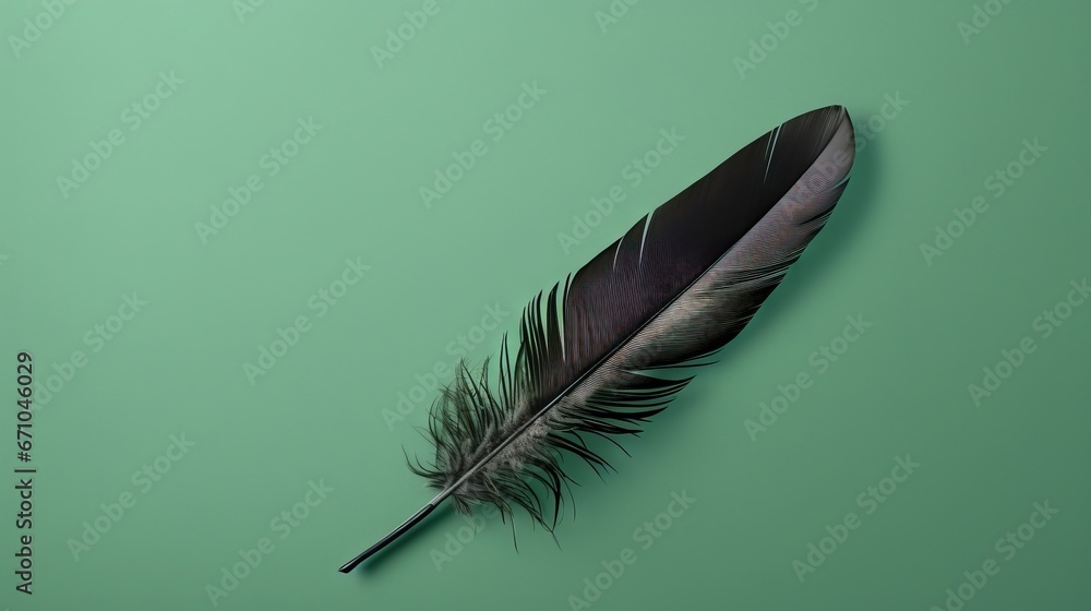 Aufkleber a black feather resting on a green surface with a shadow. generative ai
