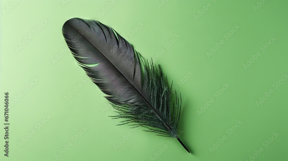 Poster a single black feather on a green background with copy space. generative ai