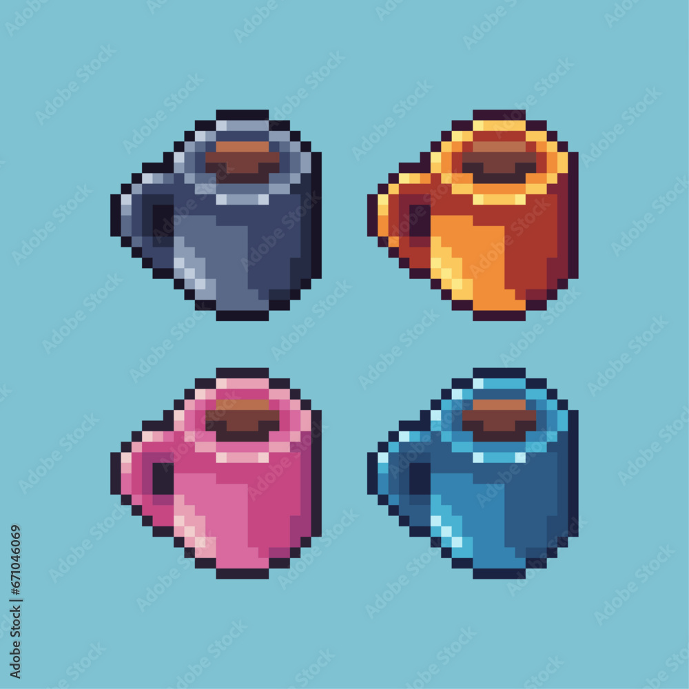 Poster pixel art sets of cup of coffee with variation color item asset. simple bits of cup of coffee pixela