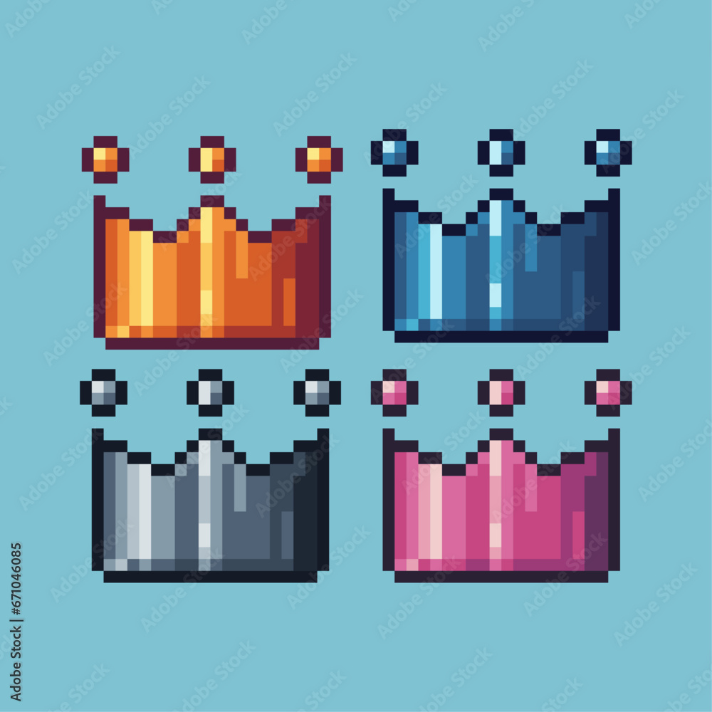 Poster pixel art sets of golden crown with variation color item asset. simple bits of golden crown pixelate