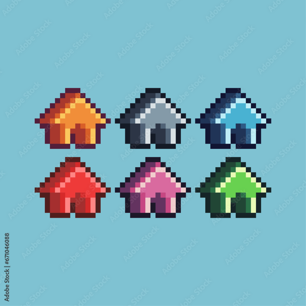 Poster pixel art sets of house icon with variation color item asset. simple bits of gold house icon pixelat