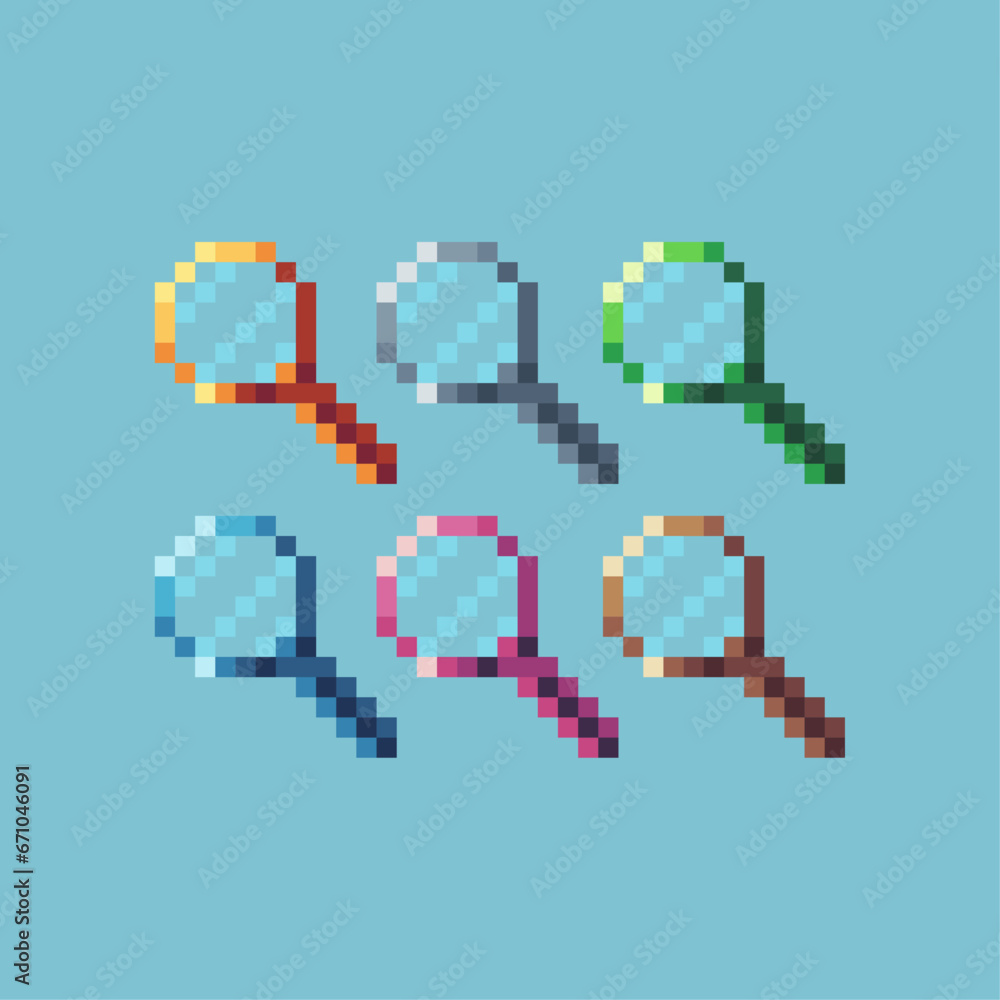 Poster pixel art sets of golden magnifying glass with variation color item asset. simple bits of magnifying