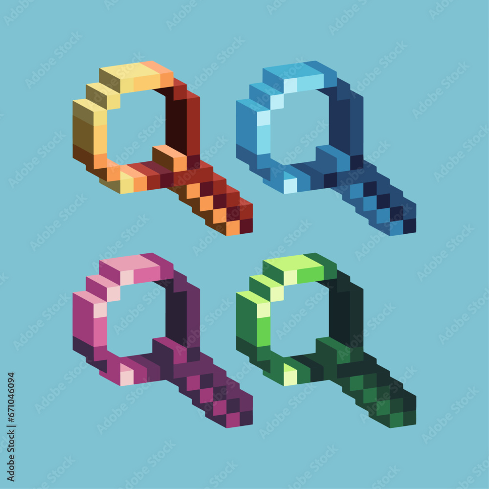 Poster isometric pixel art 3d of magnifying glass for items asset.gold magnifying glass on pixelated style.