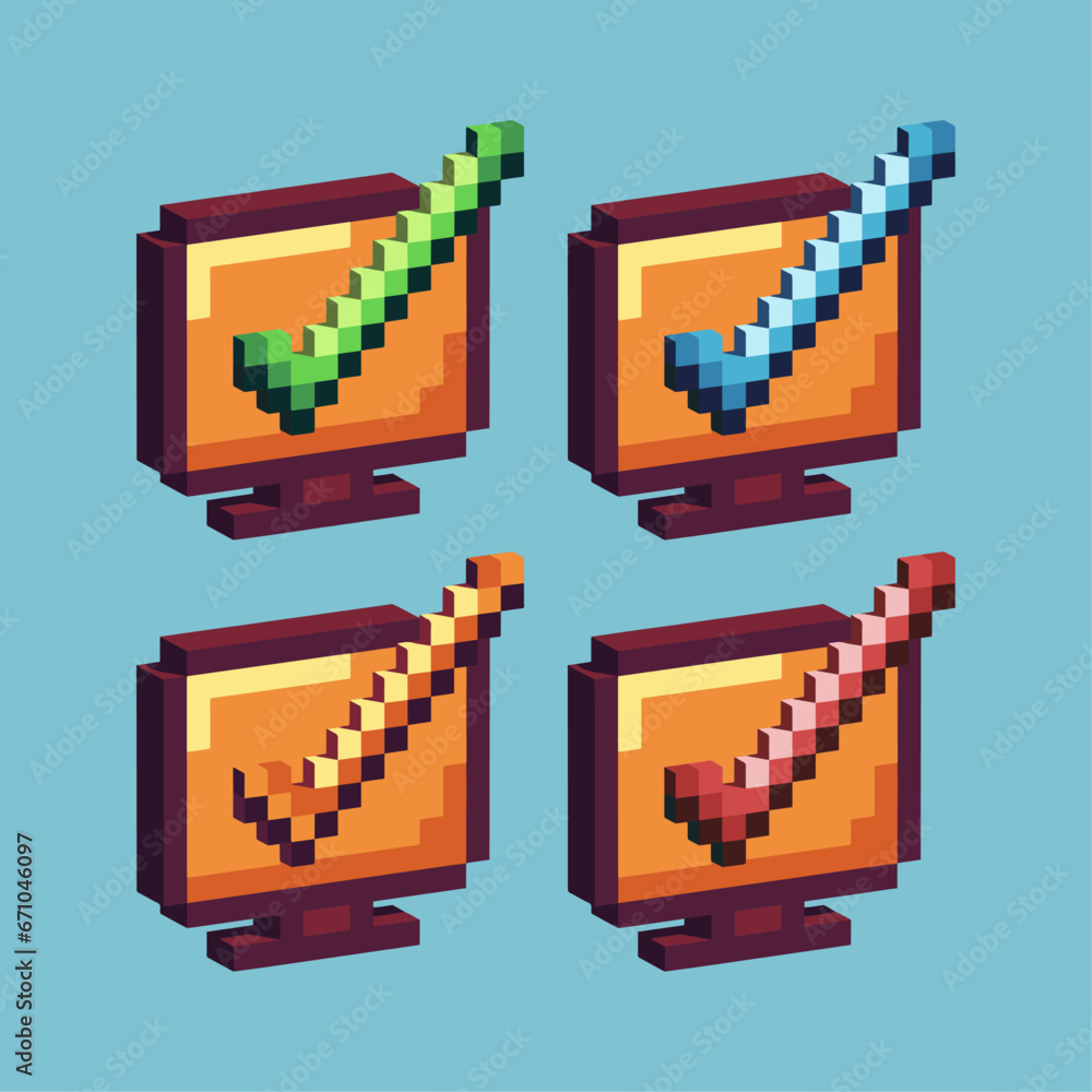 Poster isometric pixel art 3d of approve sign on monitor for items asset. approve sign on pixelated style.8