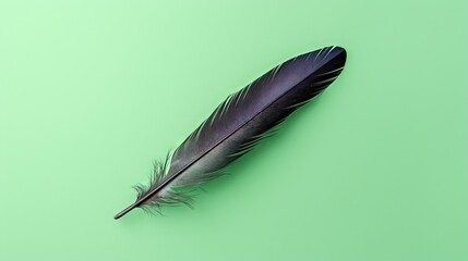  a black feather resting on a green surface with a green background.  generative ai