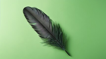  a single black feather on a green background with copy space.  generative ai