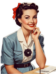 A closeup of a vintage retro style woman smiling. 
