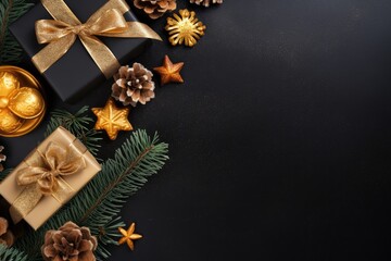 Obraz na płótnie Canvas Christmas dark background frame with golden toys and decorations